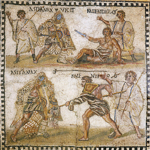 In this mosaic, a Secutor named Astyanax fights with a Retiarius named Kalendio. The null sign above Kalendio's image means that he lost the match and was killed. Source